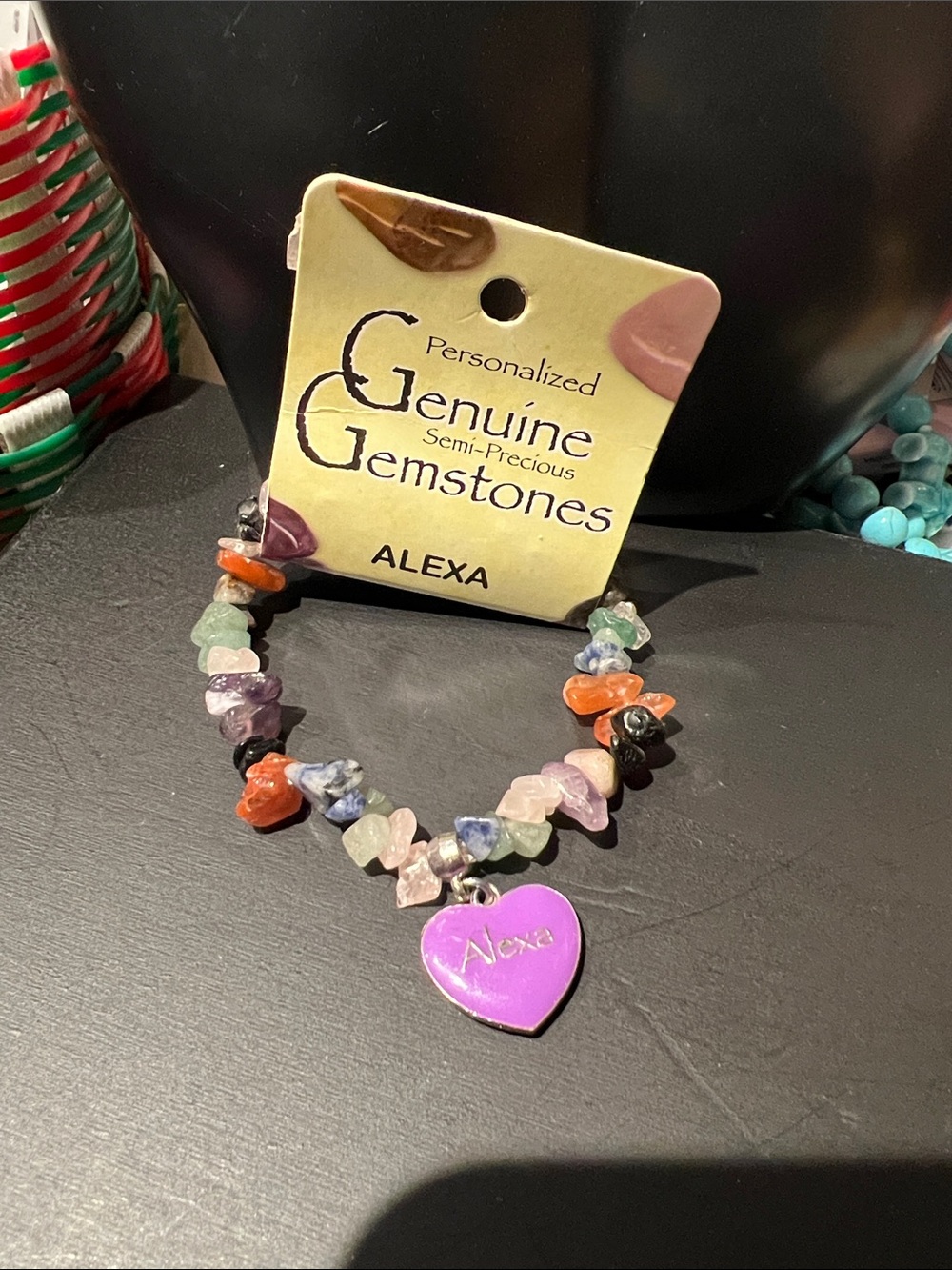 Multicolor Genuine Gemstone Beaded Bracelet with Purple Heart Charm